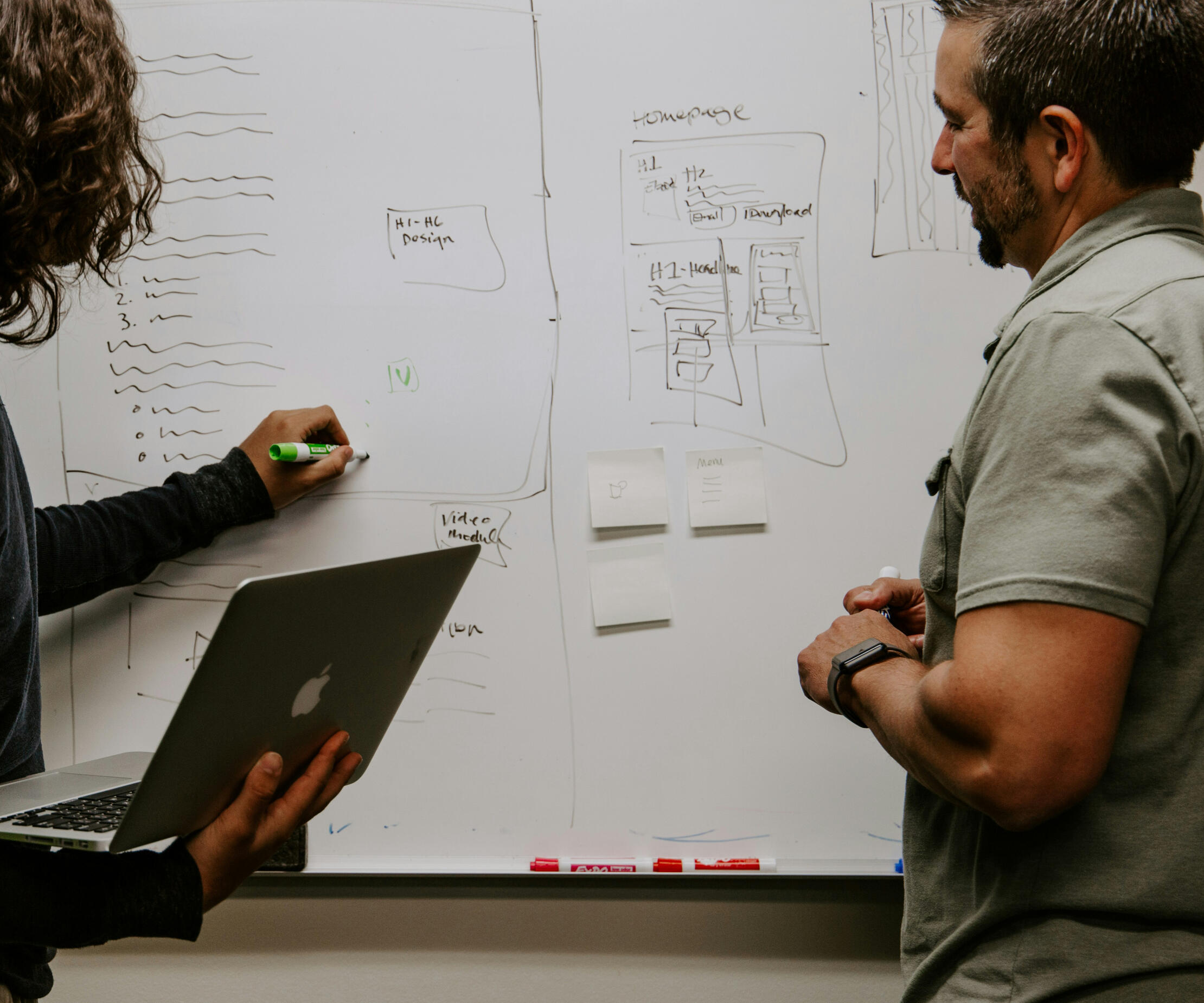 AFF Homepage Two people working together on website solutions - at a white board.